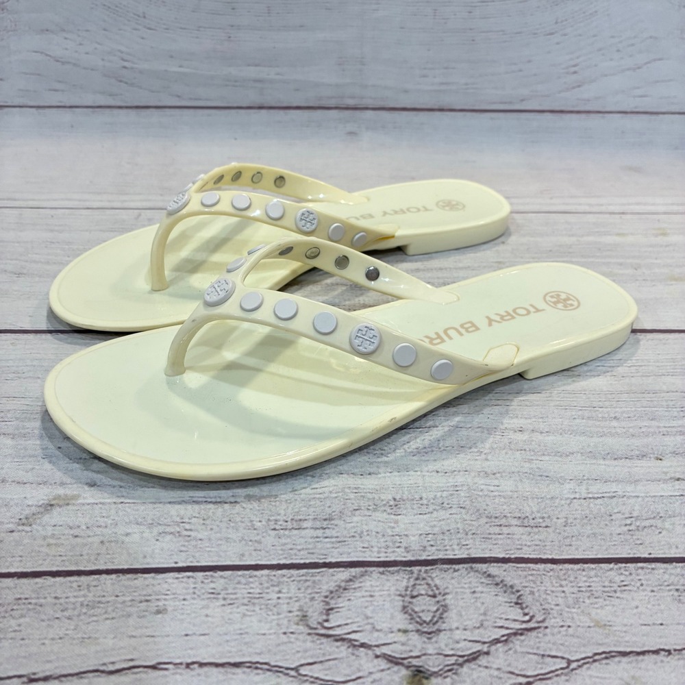 Tory Burch Studded Jelly Thong Flip Flops Womens 6 Cream Logo Sandals Waterproof